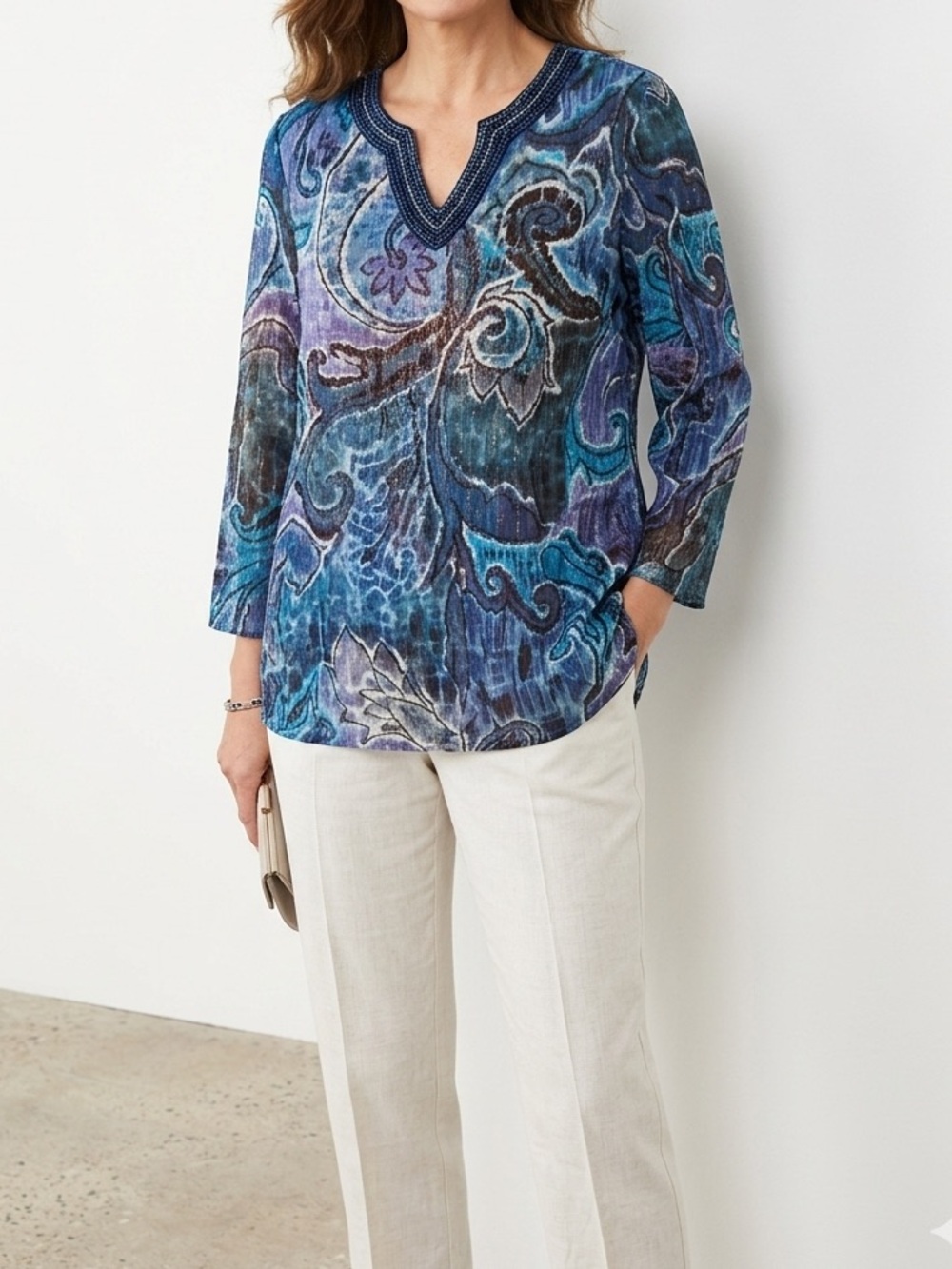 Liz & Me Beaded V-Neck Long Sleeve Tunic - Blue Purple Multicolor